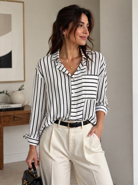 Reitmans Tops - 335. Reitmans Black and White Vertical Stripe Button-Down Shirt